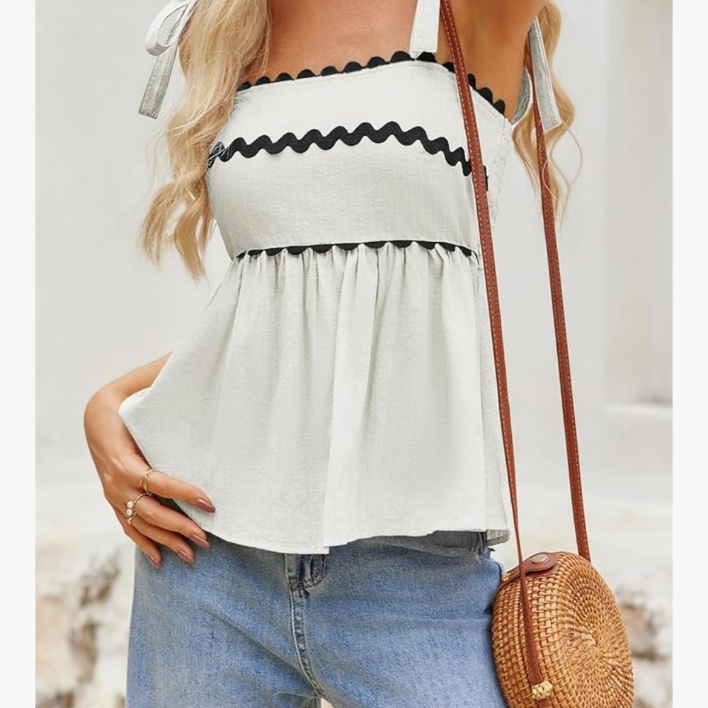 Boho Summer Casual Babydoll Square Neck Tie Strap Tank Top Black White